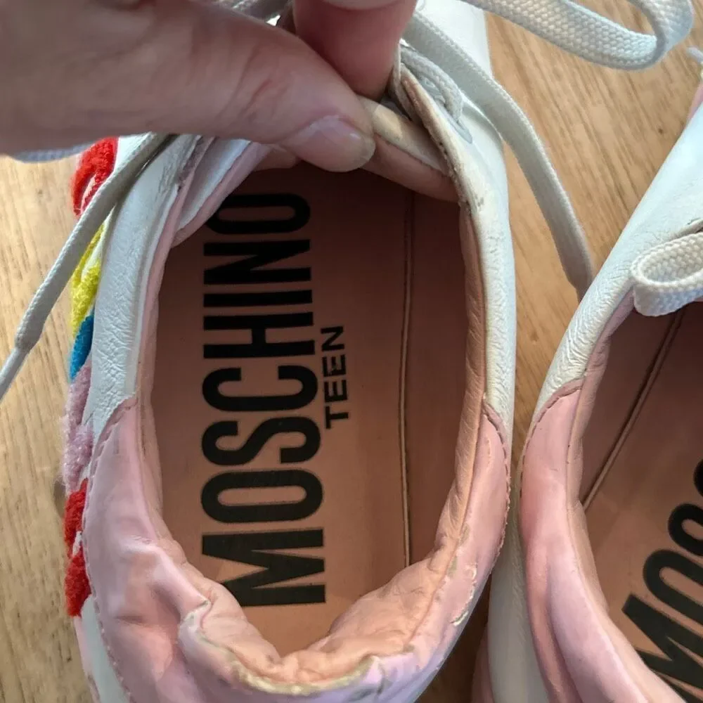 Moschino white pink colorful leather sneakers with tufted branding kids youth 5